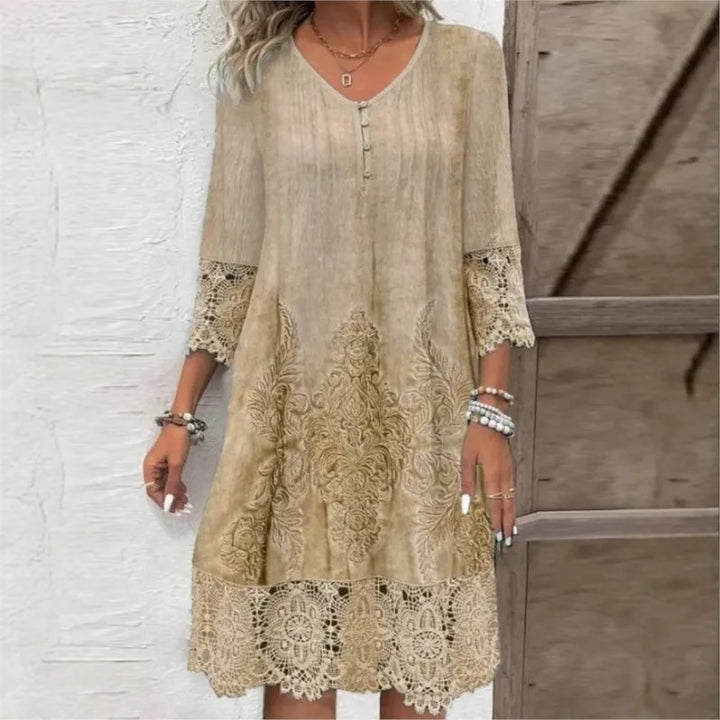 Madison | Women's Bohemian Floral Lace-Trim V-Neck Tunic Dress with Tights & Boots