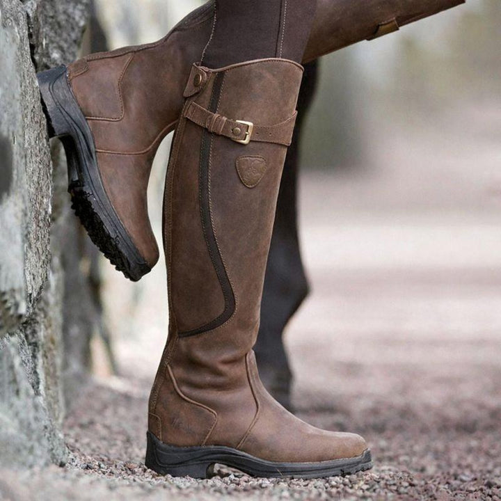 Camila | Waterproof Boots Knee High Leather Buckle Side Zip