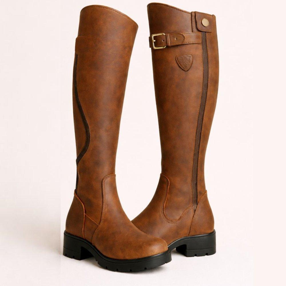 Camila | Waterproof Boots Knee High Leather Buckle Side Zip
