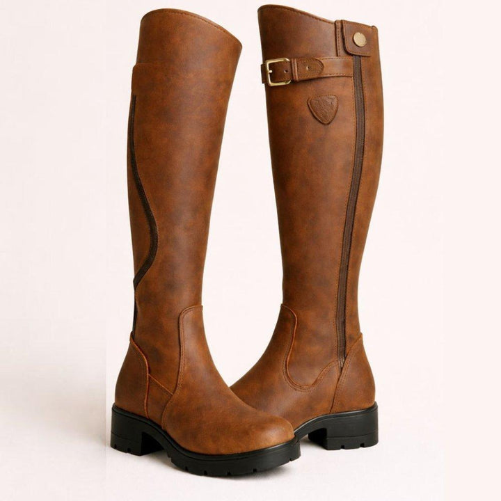 Camila | Waterproof Boots Knee High Leather Buckle Side Zip