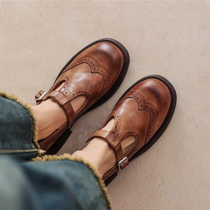 Camila | Women's Mary Jane Flats Buckle Strap Closed Toe Perforated