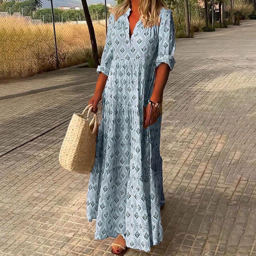 Charlotte | Boho Maxi Dress V-Neck Long Sleeve Roll-Up Print