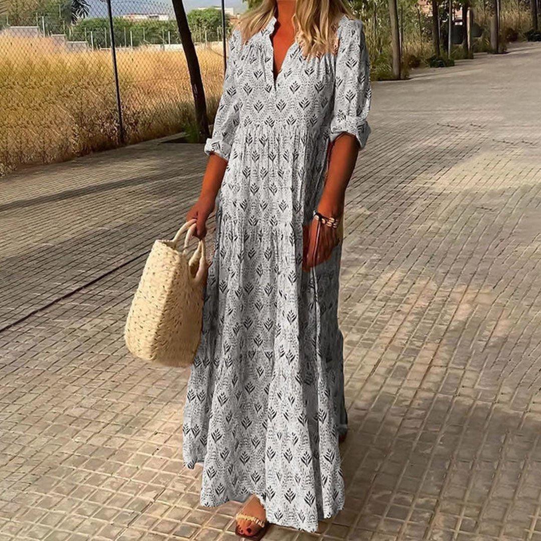 Charlotte | Boho Maxi Dress V-Neck Long Sleeve Roll-Up Print