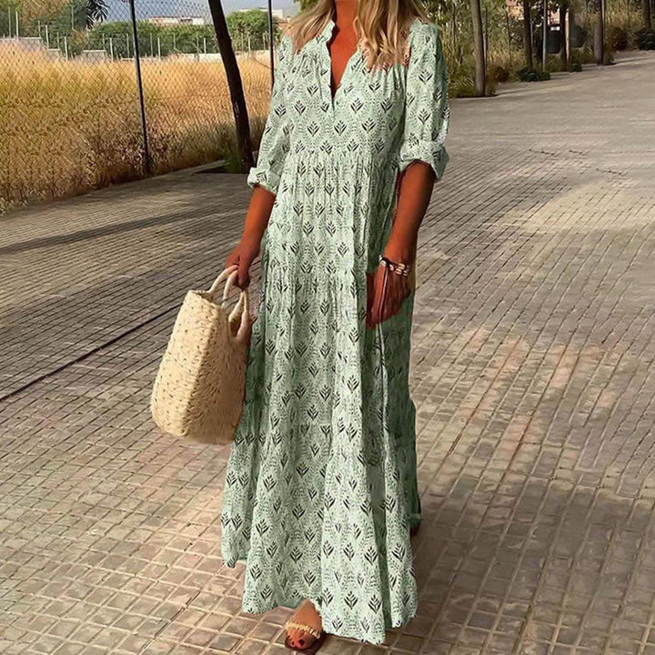 Charlotte | Boho Maxi Dress V-Neck Long Sleeve Roll-Up Print