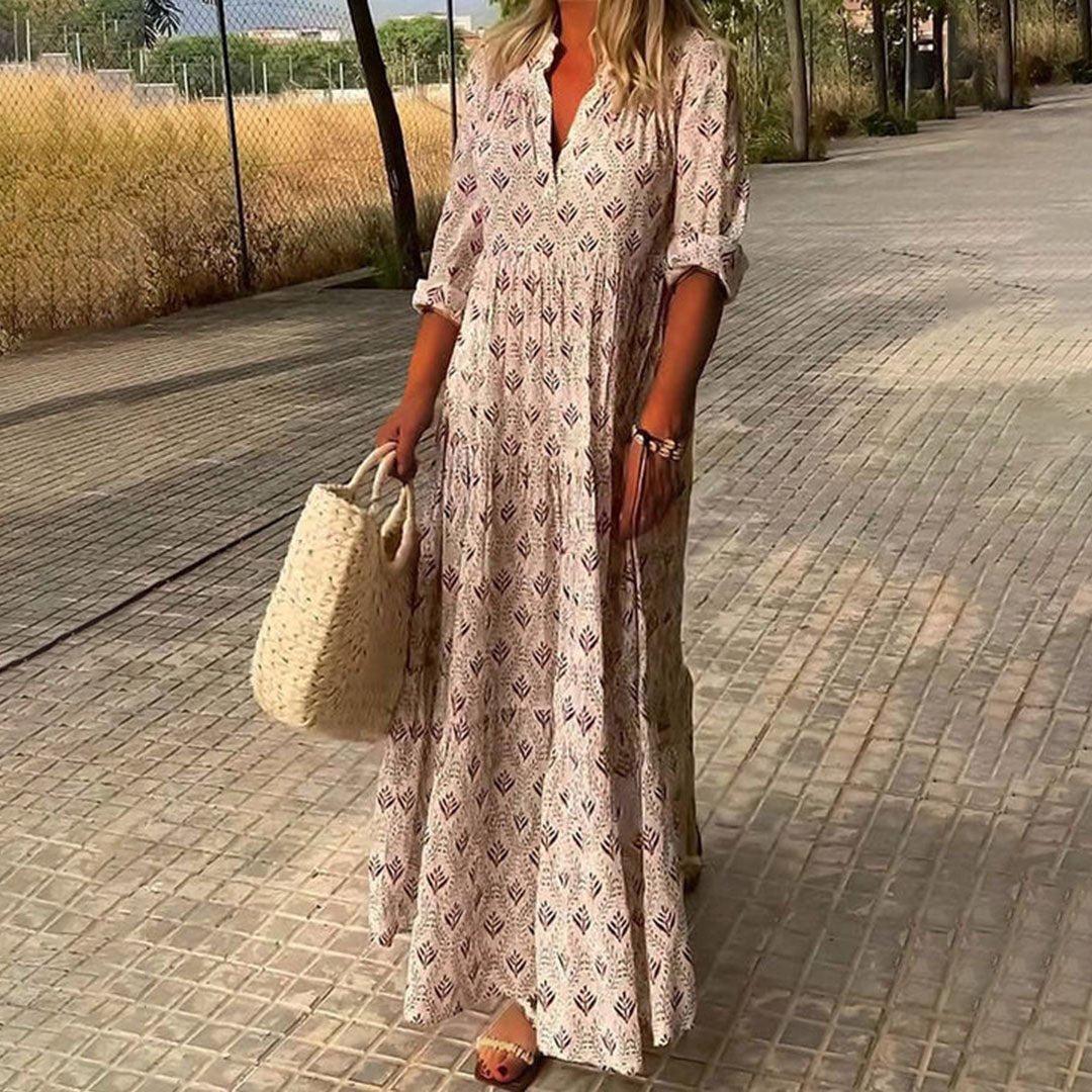 Charlotte | Boho Maxi Dress V-Neck Long Sleeve Roll-Up Print