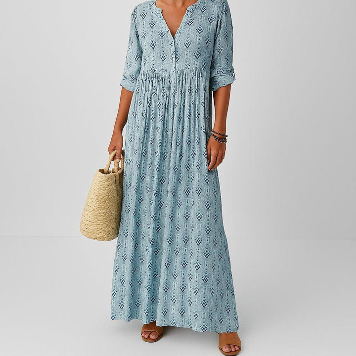 Charlotte | Boho Maxi Dress V-Neck Long Sleeve Roll-Up Print