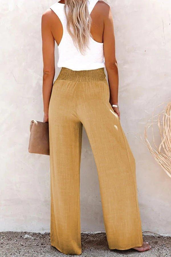 Charlotte | High-Waisted Wide Leg Pants Smocked Waist Button Detail