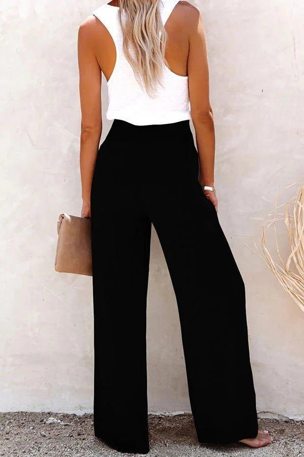 Charlotte | High-Waisted Wide Leg Pants Smocked Waist Button Detail