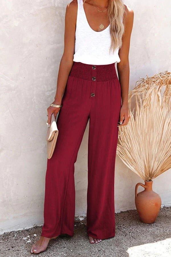 Charlotte | High-Waisted Wide Leg Pants Smocked Waist Button Detail