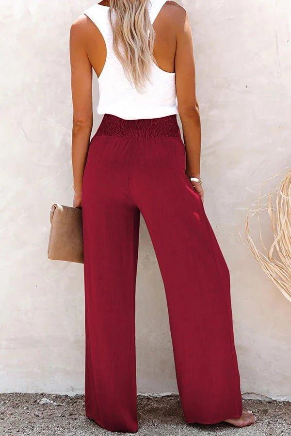 Charlotte | High-Waisted Wide Leg Pants Smocked Waist Button Detail