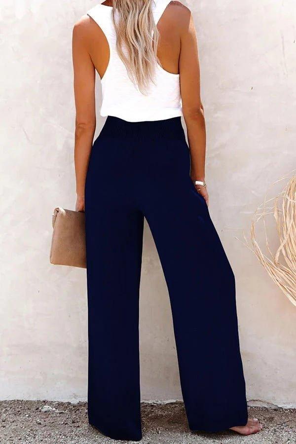 Charlotte | High-Waisted Wide Leg Pants Smocked Waist Button Detail