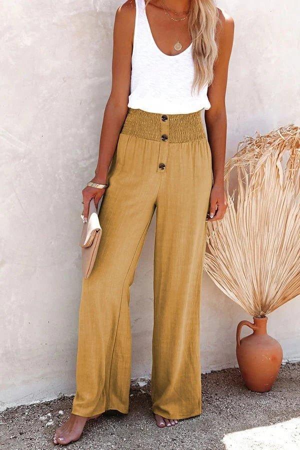 Charlotte | High-Waisted Wide Leg Pants Smocked Waist Button Detail