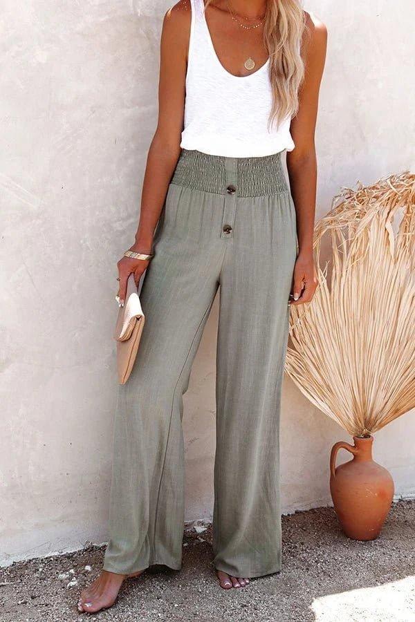 Charlotte | High-Waisted Wide Leg Pants Smocked Waist Button Detail