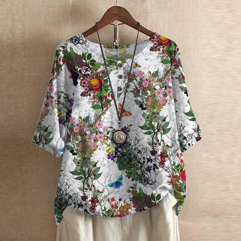 Charlotte | Women's Floral Blouse Relaxed Fit Short Sleeve Vintage