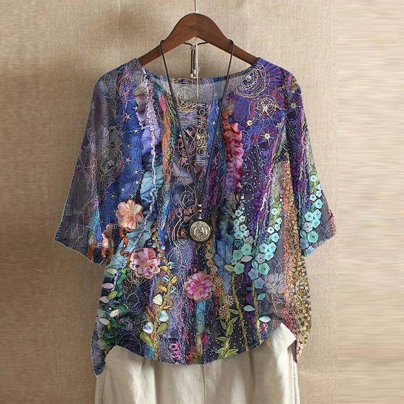 Charlotte | Women's Floral Blouse Relaxed Fit Short Sleeve Vintage