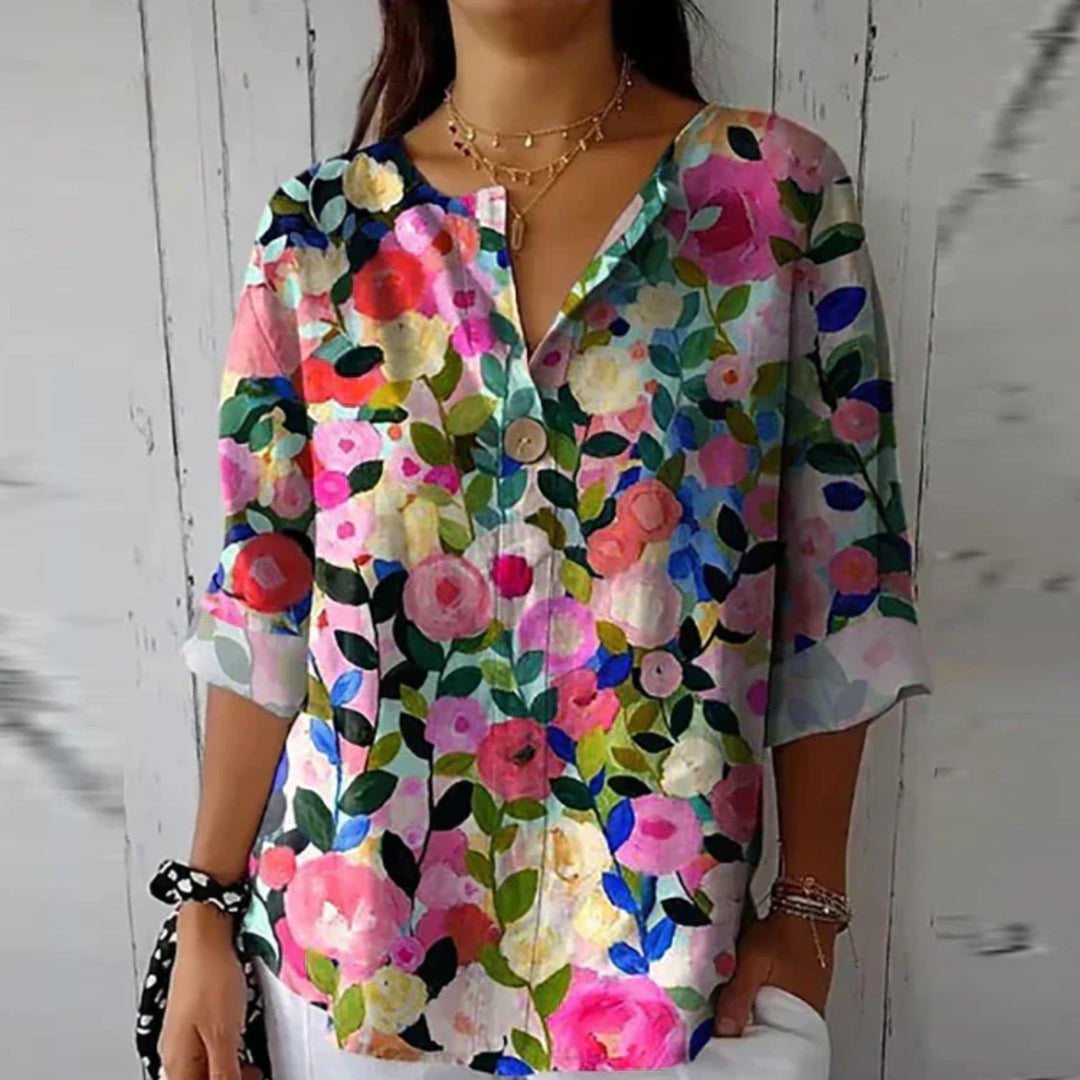 Emma | Floral Print Blouse Button Front Three Quarter Sleeve