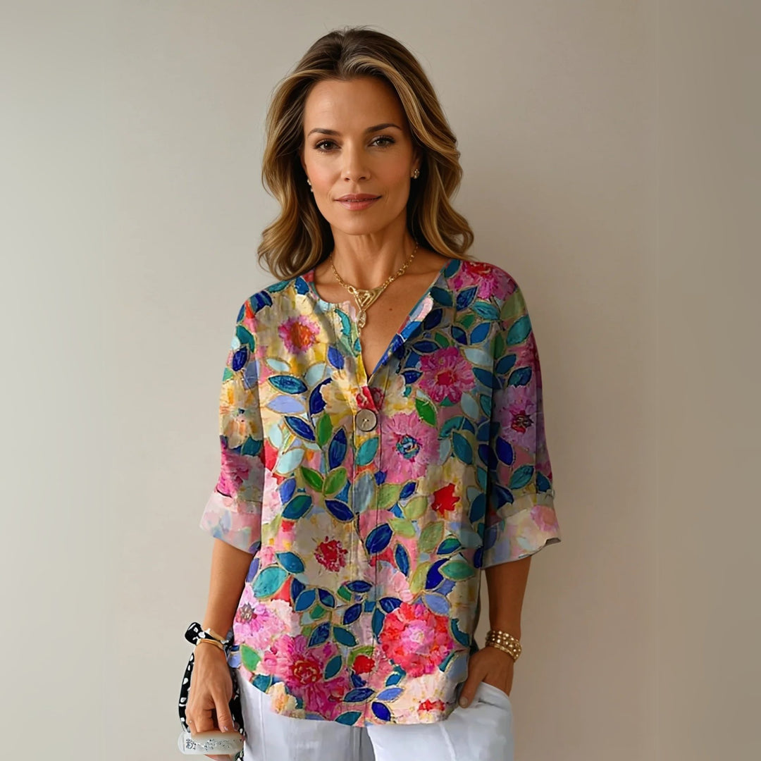 Emma | Floral Print Blouse Button Front Three Quarter Sleeve