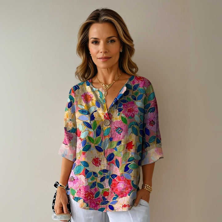 Emma | Floral Print Blouse Button Front Three Quarter Sleeve