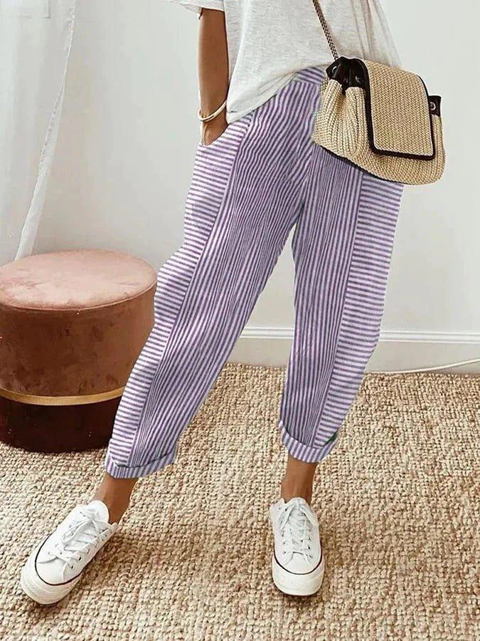 Emma | Women's Striped Pants Elastic Waist Relaxed Fit Casual