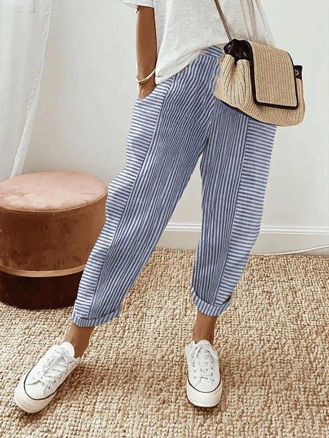 Emma | Women's Striped Pants Elastic Waist Relaxed Fit Casual