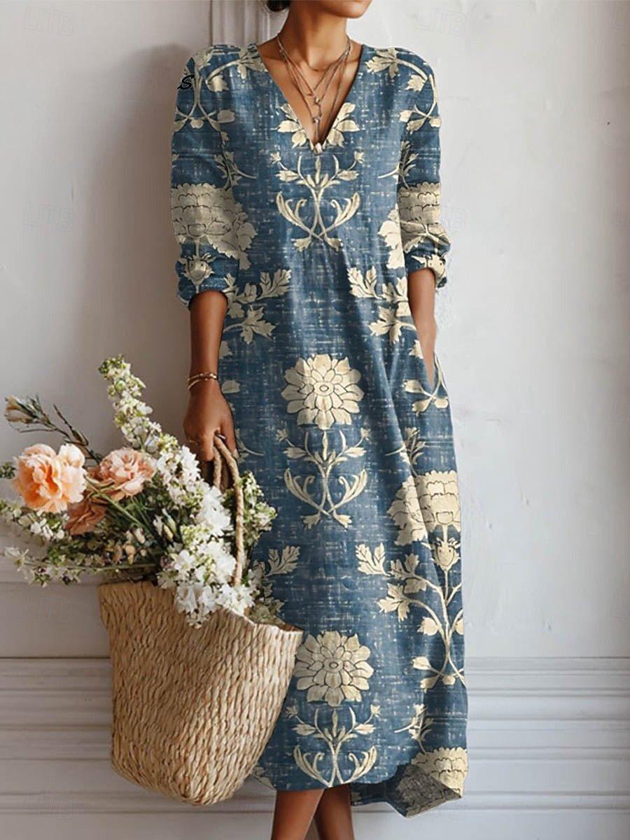 Evelyn | Midi Dress Linen Floral V-Neck Boho 3/4 Sleeve Pockets