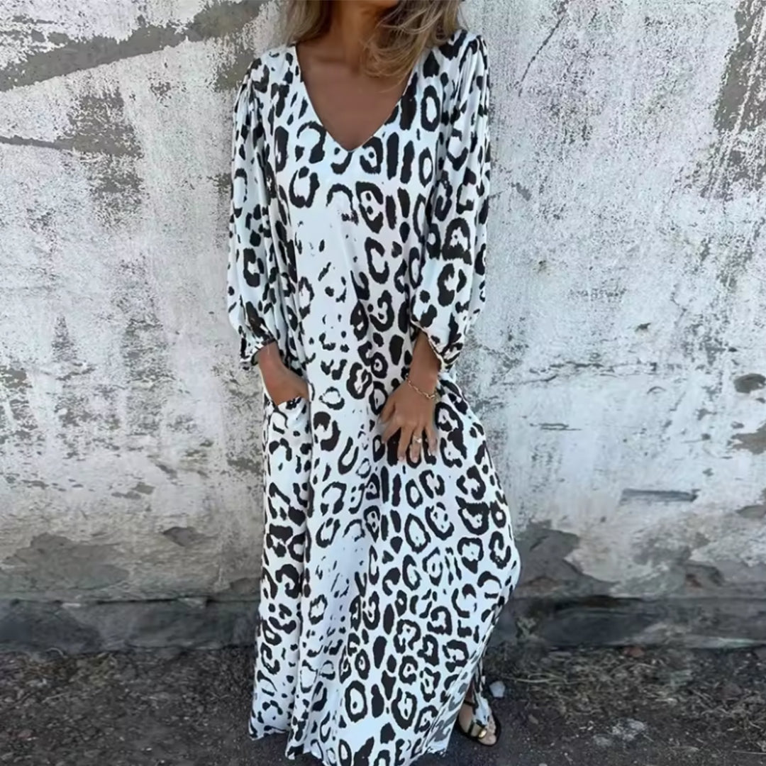 Grace | Maxi Dress V-Neck Long Sleeve Leopard Print Flowy