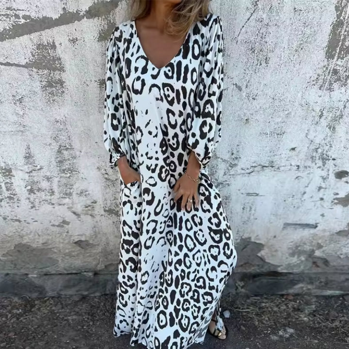 Grace | Maxi Dress V-Neck Long Sleeve Leopard Print Flowy