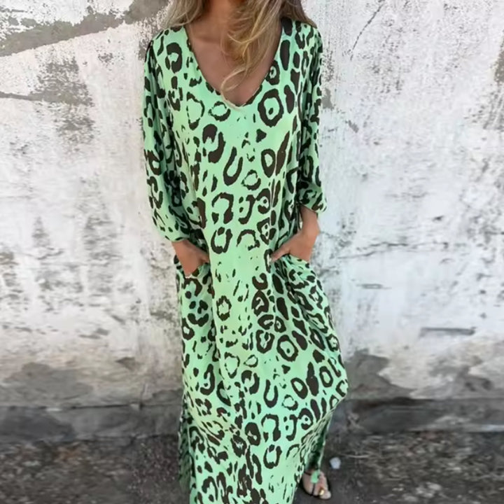 Grace | Maxi Dress V-Neck Long Sleeve Leopard Print Flowy