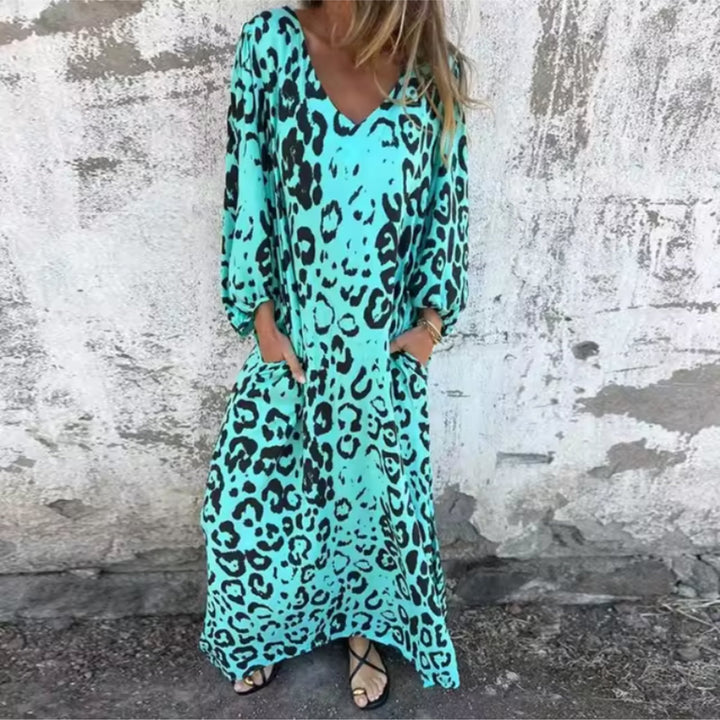 Grace | Maxi Dress V-Neck Long Sleeve Leopard Print Flowy