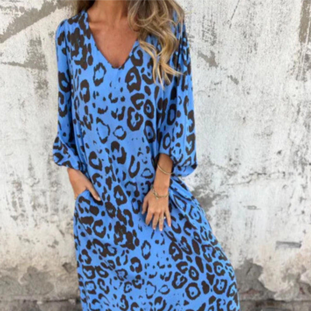 Grace | Maxi Dress V-Neck Long Sleeve Leopard Print Flowy