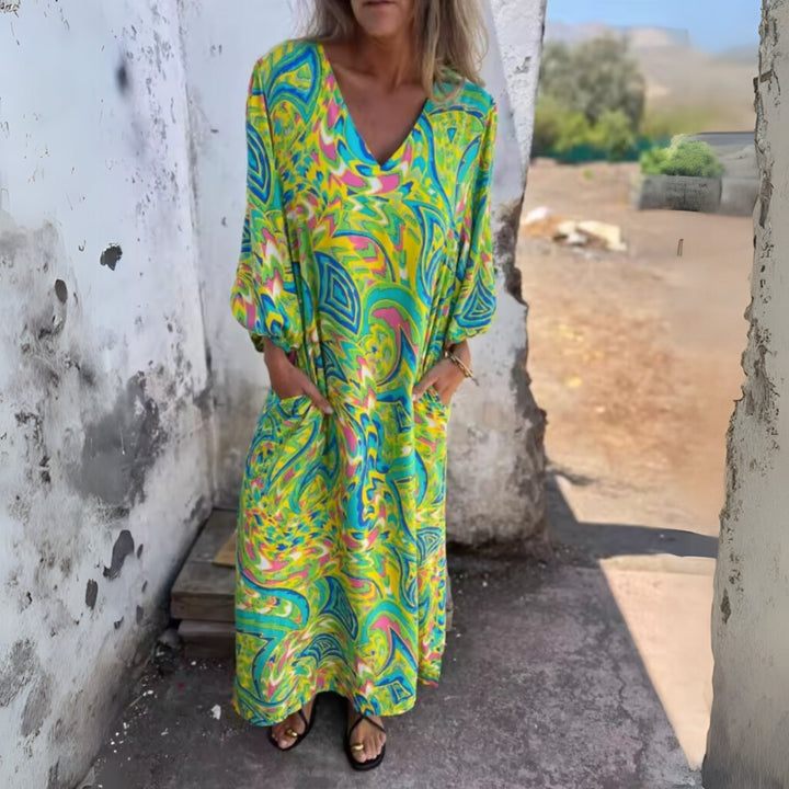 Grace | Maxi Dress V-Neck Long Sleeve Leopard Print Flowy