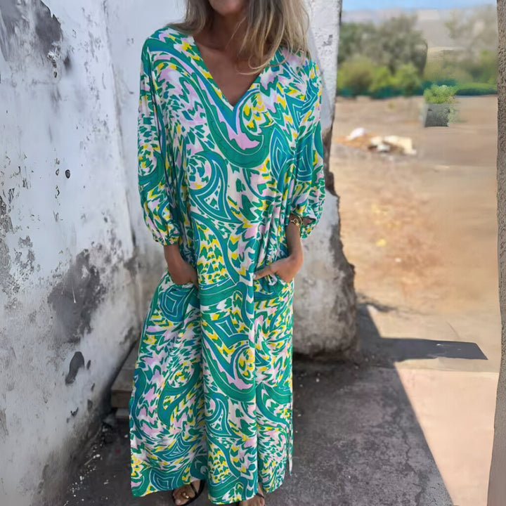 Grace | Maxi Dress V-Neck Long Sleeve Leopard Print Flowy