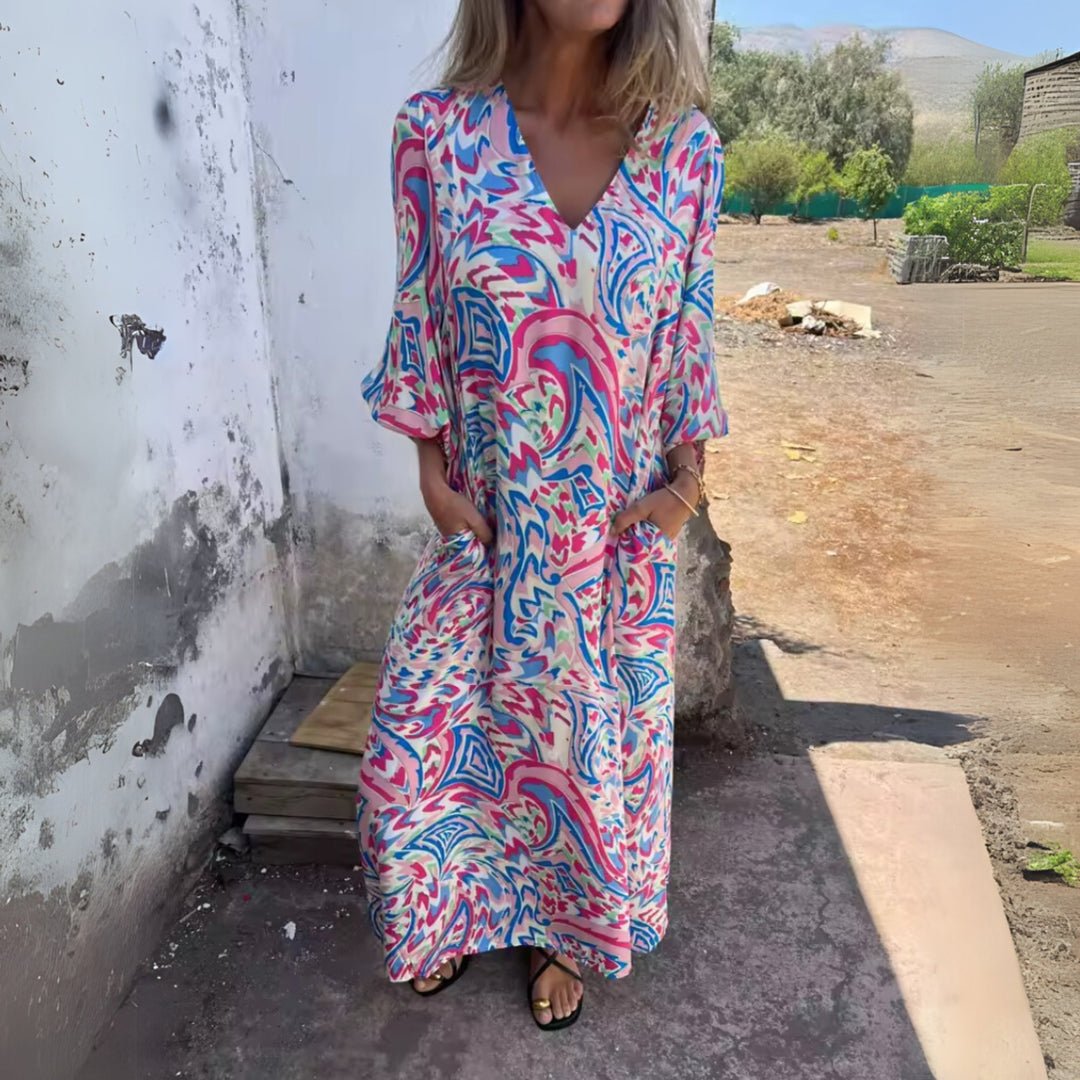 Grace | Maxi Dress V-Neck Long Sleeve Leopard Print Flowy