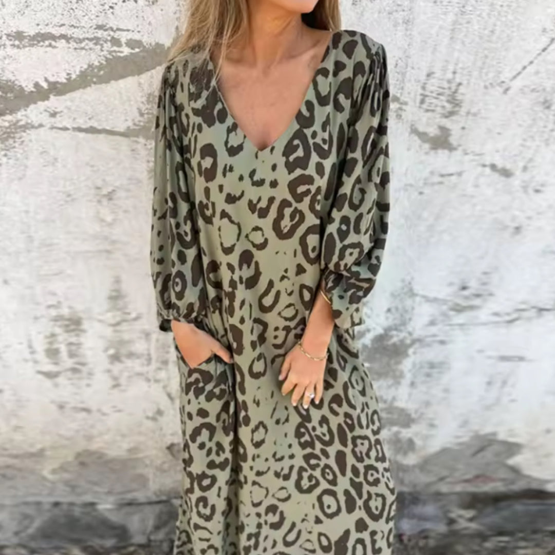 Grace | Maxi Dress V-Neck Long Sleeve Leopard Print Flowy