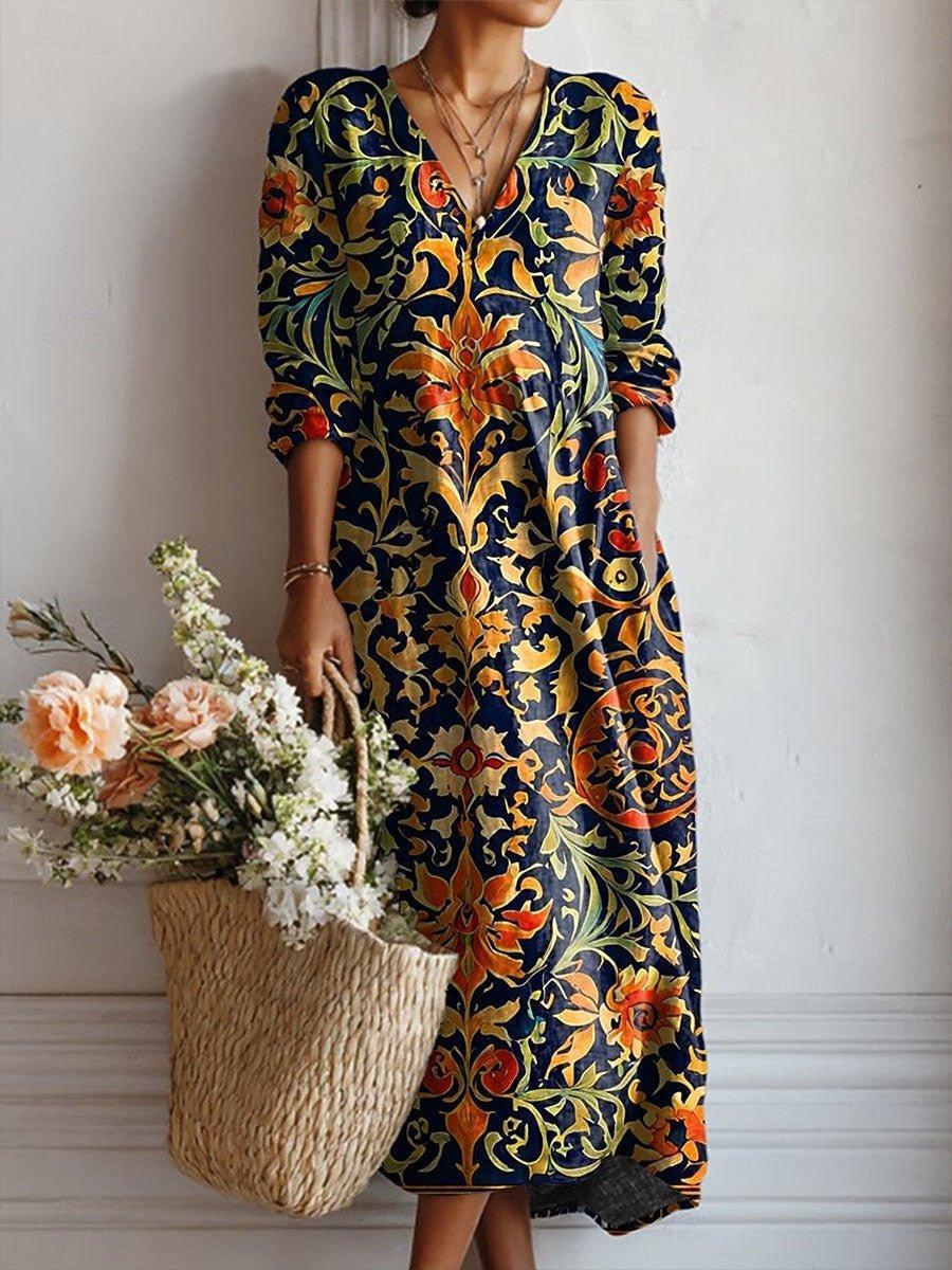 Harper | Midi Dress V-Neck Baroque Print Cotton Boho 3/4 Sleeve