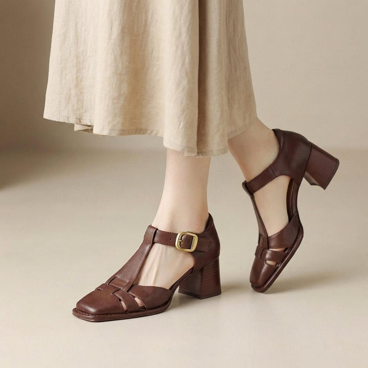 Harper | Orthopedic T-Strap Heeled Sandals Chunky Heel Square Toe