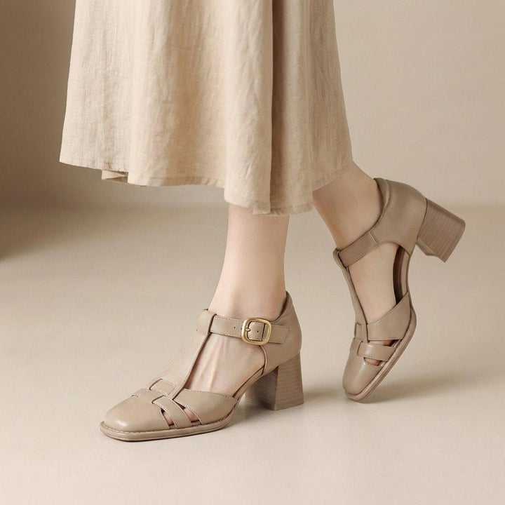 Harper | Orthopedic T-Strap Heeled Sandals Chunky Heel Square Toe