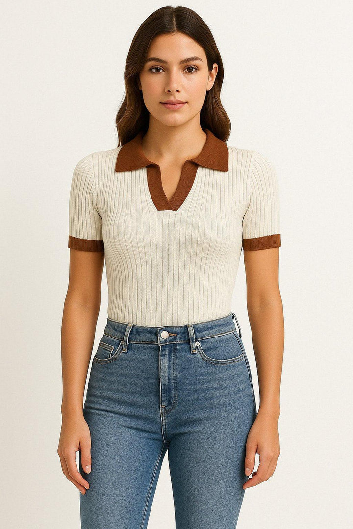 Layla | Women's Fitted Ribbed Polo Shirt Short Sleeve V-Neck