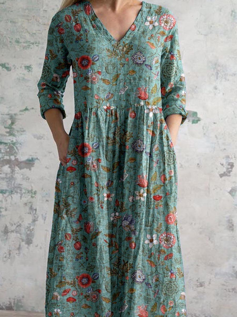 Luna | Maxi Dress V-Neck Cotton Floral Boho Pockets Three Quarter