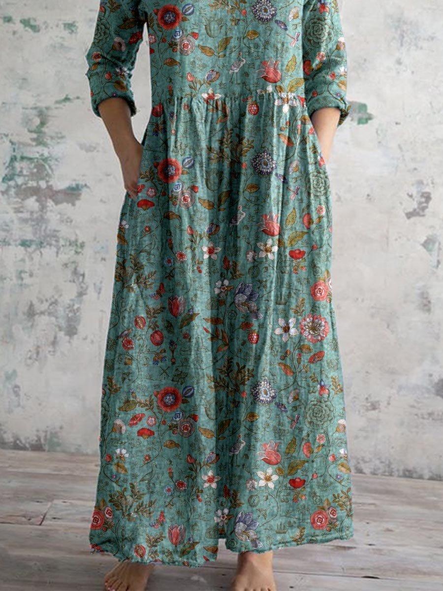 Luna | Maxi Dress V-Neck Cotton Floral Boho Pockets Three Quarter