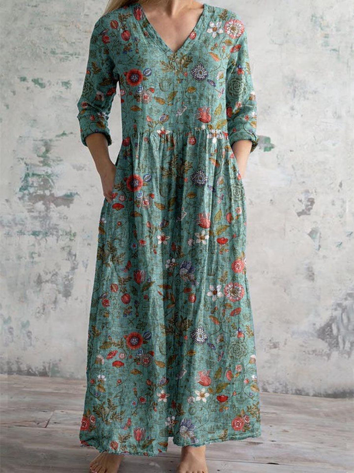 Luna | Maxi Dress V-Neck Cotton Floral Boho Pockets Three Quarter