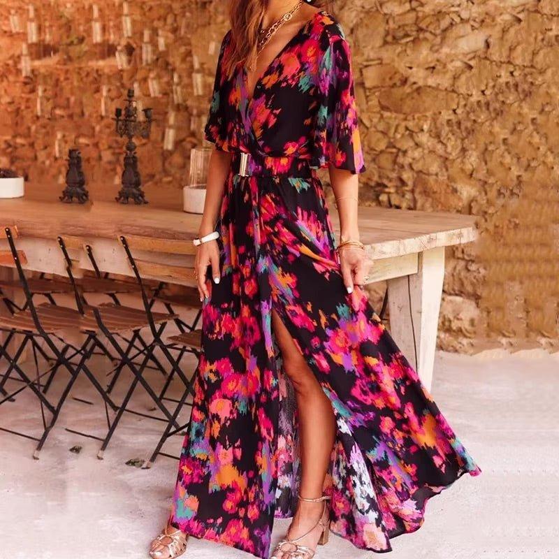 Madison | Boho Maxi Dress V-Neck Wrap Style Print Summer
