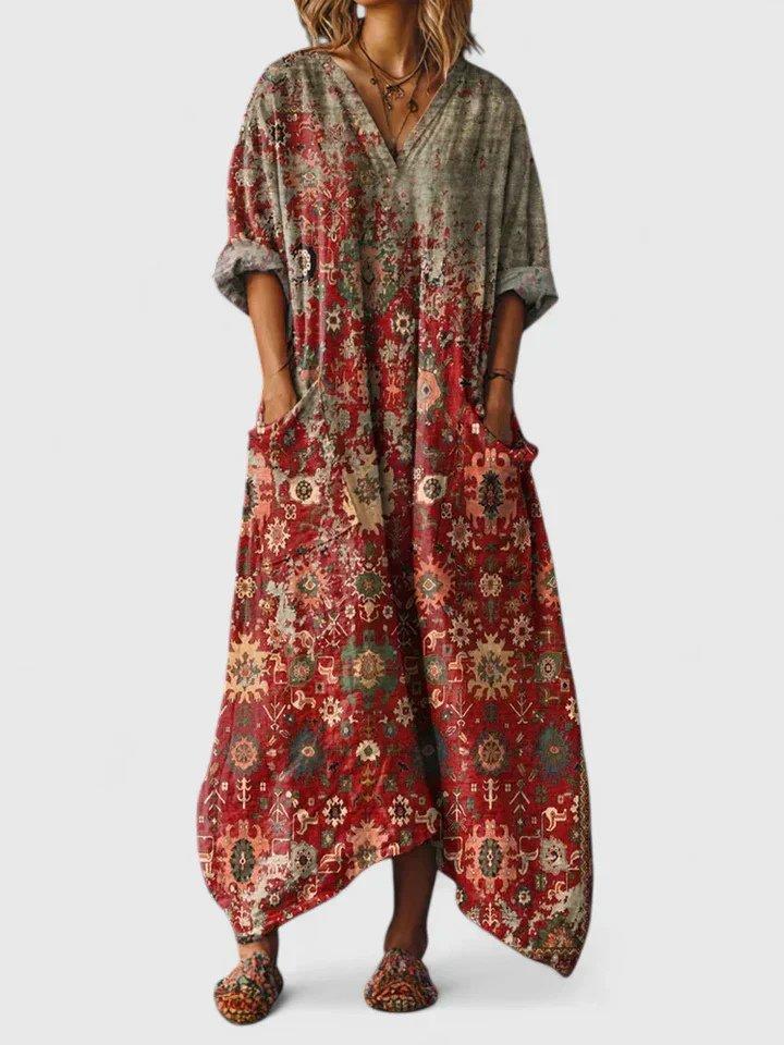 Madison | Maxi Dress Cotton Boho Paisley Print V-Neck Front Pockets