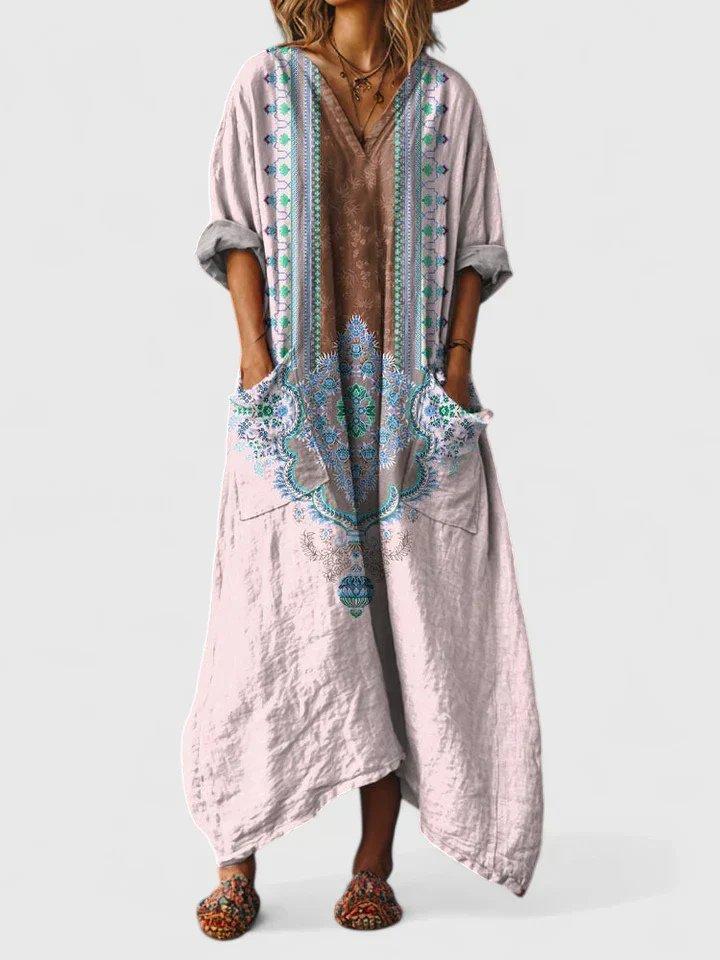 Madison | Maxi Dress Cotton Boho Paisley Print V-Neck Front Pockets