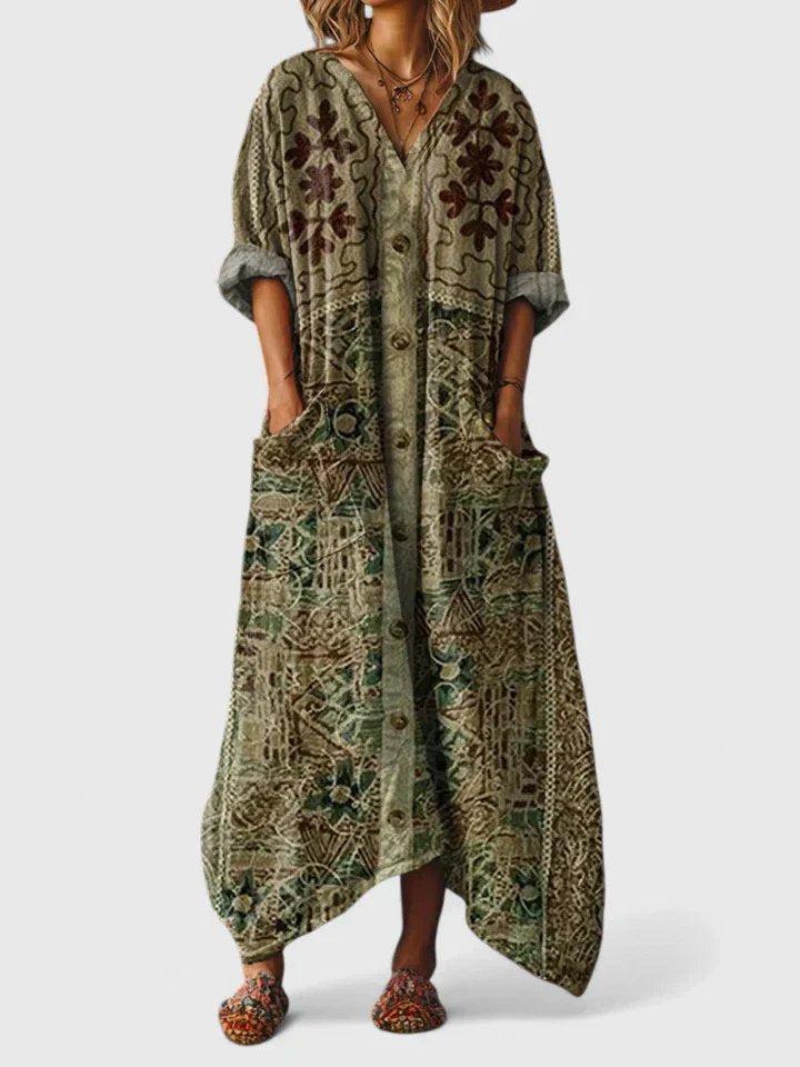 Madison | Maxi Dress Cotton Boho Paisley Print V-Neck Front Pockets