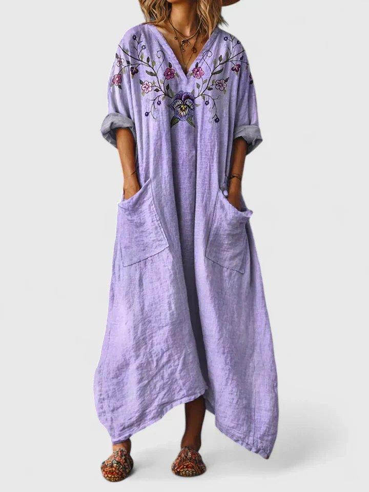 Madison | Maxi Dress Cotton Boho Paisley Print V-Neck Front Pockets