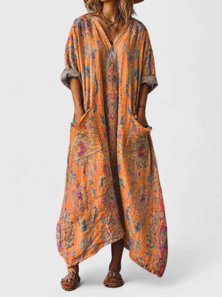 Madison | Maxi Dress Cotton Boho Paisley Print V-Neck Front Pockets