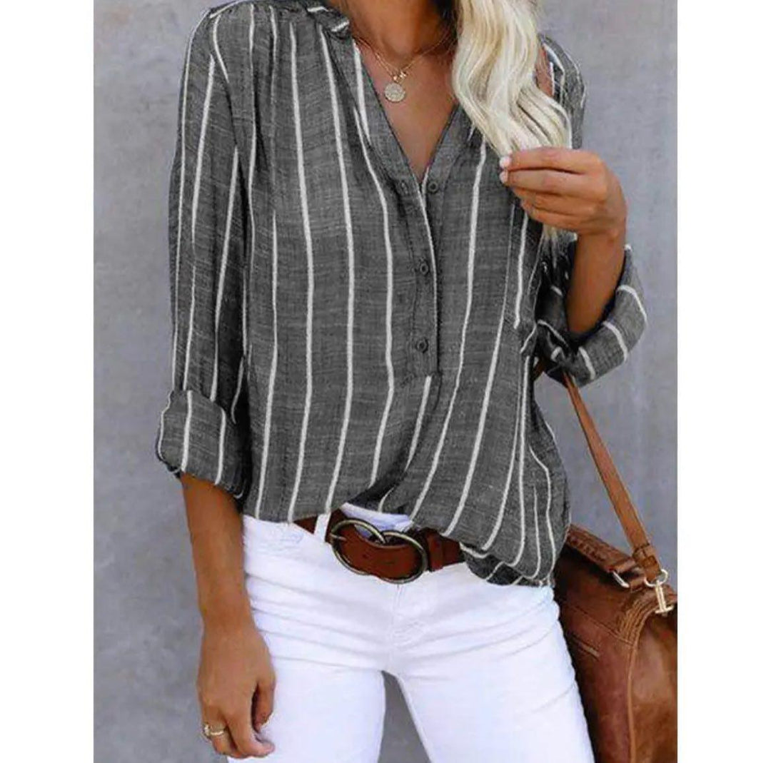 Madison | Women's Striped Button Down Blouse Roll-Up Sleeves Casual