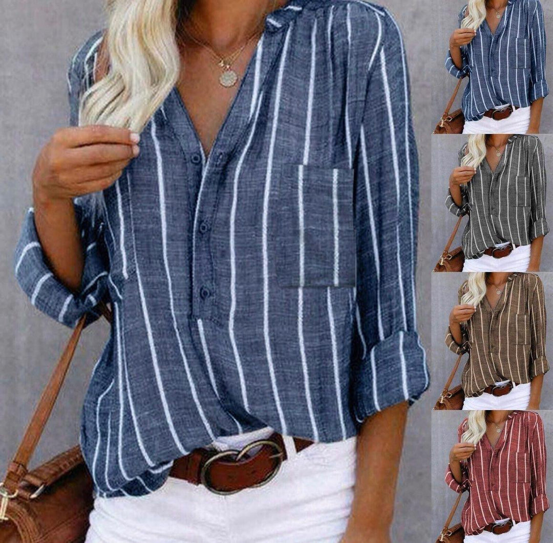 Madison | Women's Striped Button Down Blouse Roll-Up Sleeves Casual
