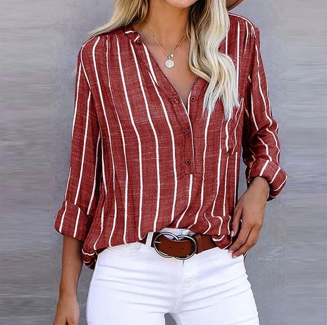 Madison | Women's Striped Button Down Blouse Roll-Up Sleeves Casual